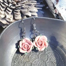 Pink Rose Flower Bead Handcrafted Fimo Polymer Clay Dangle Earrings