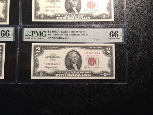 4 Consecutive 2.00 Us Notes 1963-A Star Notes PMG 66 EPQ Gem uncirculated - Picture 6 of 10