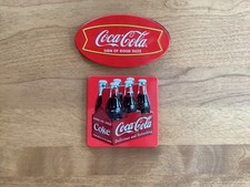 2 Vtg Metal Coca-Cola Refrigerator Magnets 6 Pk w/ Glass Bottles & a Oval  sign