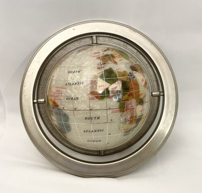 Vintage 11'' Gemstone Inlay Desktop Globe Mother of Pearl & Abalone Silver