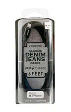 Liquipel Powertek Fast Charge iPhone Denim Jeans 6ft USB A To Lighting - Black