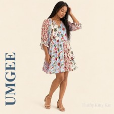 Umgee USA Floral Patchwork Babydoll Mini Dress 3/4 Sleeve Boho Blue Multi M