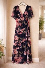 Xscape Floral Chiffon Dress - Long - Size 16 Navy Pink NWT