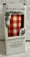Red & White Checked RAGON HOUSE 3"x 7" Moving Flame Pillar Candle w/Timer