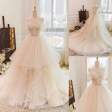 Tiered Wedding Dresses Off Shoulder Tulle Champagne A Line Bridal Ball Gowns