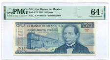 Mexico 1981 50 Pesos Bank Note Choice Unc 64 EPQ PMG