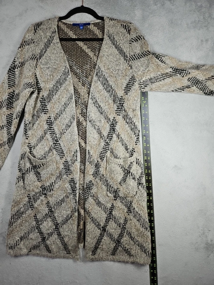 APT. Cardigã 9 bolsos longos abertos de malha bronzeado preto marrom diamante urze tamanho G - Imagem 4 de 4