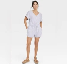 Universal Thread Romper, Blue White Stripe, Large, Cotton Linen, New With Tags