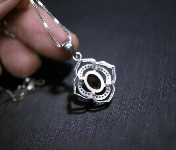 Alternate view of Oval Cut Simulated Red Garnet Women's Amulet Pendant 14k White Gold Plated