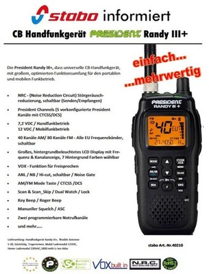 President RANDY III +AM/FM CB Handfunkgerät mit CTCSS/DCS VOX 80 Kanal & Zubehör