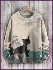 Cat Print Knit Sweater Casual Pullover Round Neck Unisex Winter Wear