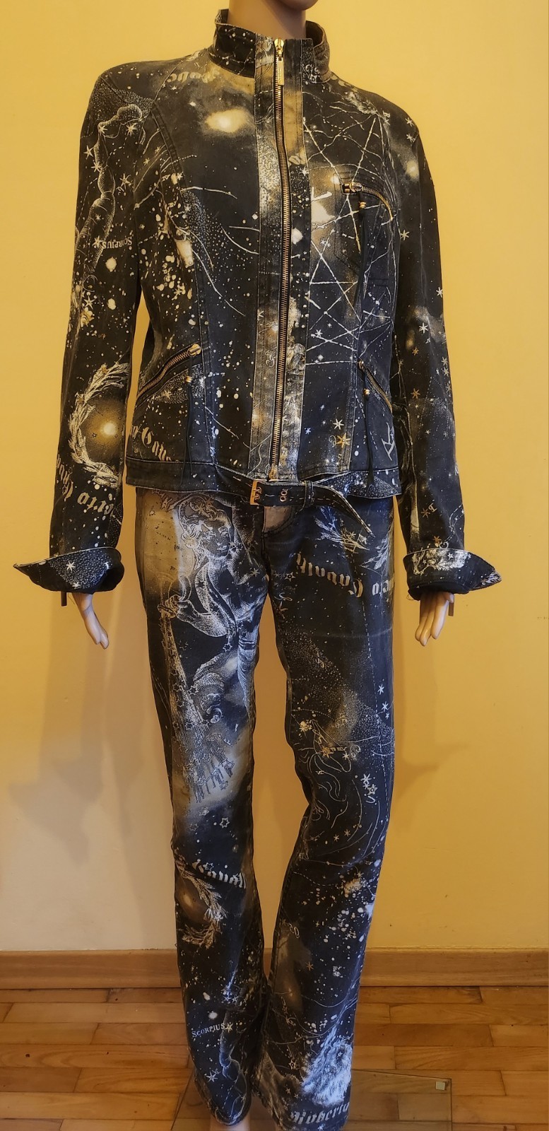 Vintage Archivio Roberto Cavalli 2003 Constellation Zodiaco Oroscopo Denim Set