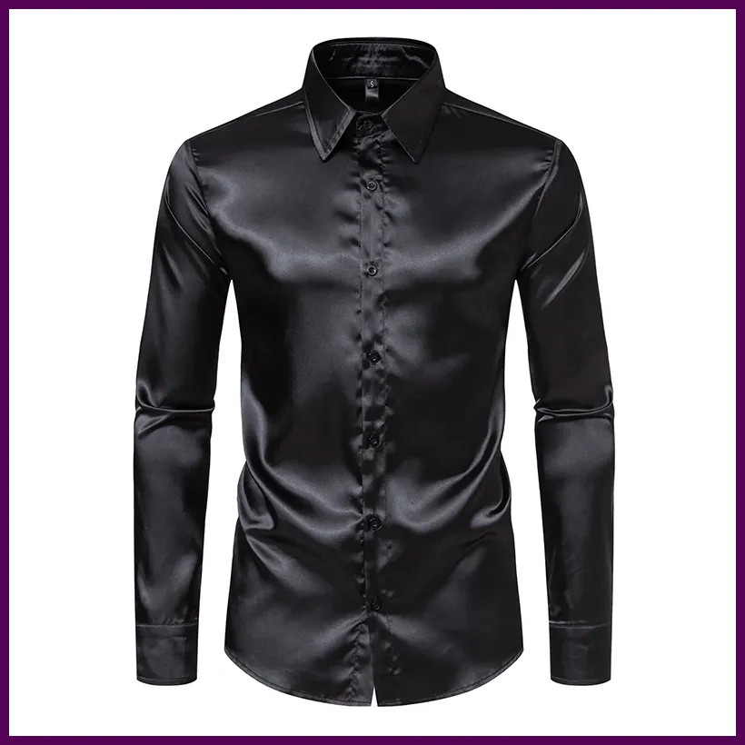 Men's Slim Fit Black Satin Dress Shirt C30 Red / US S