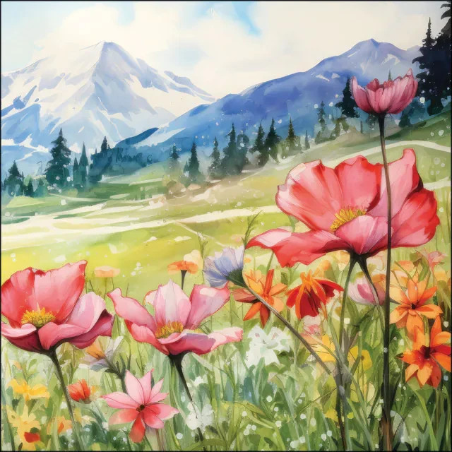 4 x Paper Napkins/33cm/3Ply/Decoupage/Mountain/Countryside/Alpine Meadow/Flowers