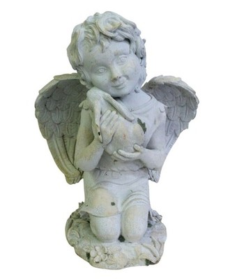 Smiling CHILD ANGEL Embracing Bunny GARDEN STATUE Lovely Details
