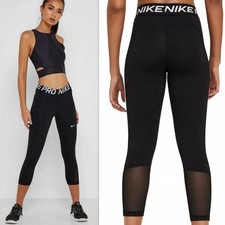 NIKE PRO Women's S Mesh Cuffs Mid-Rise Logo waist Legging CZ9803 Black NEW