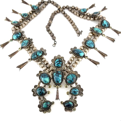 Vintage Godber Burnham Turquoise Native American Sterling Silver Squash Blossom