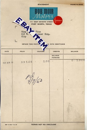 1953 STATEMENT Fort Worth Texas BOB MUIR MOTORS 711 West Seventh Street - 第 1/1 張圖片