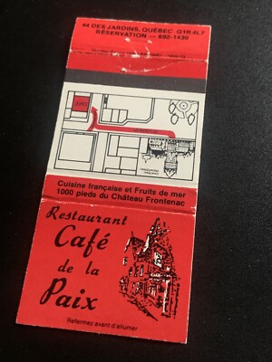 Vintage Canada Matchbook:  Restaurant Cafe De La Paix  Quebec   Ephemera