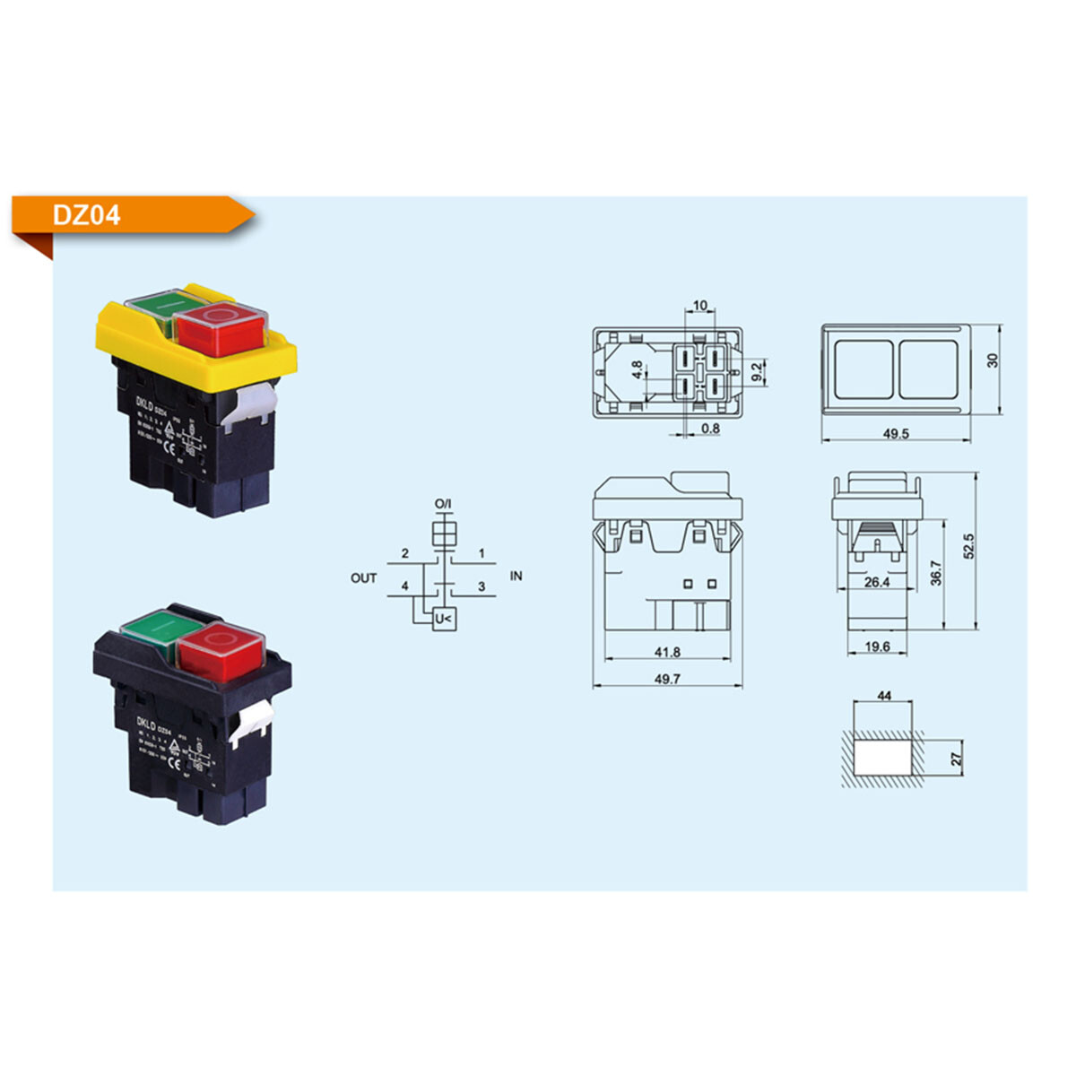 DKLD DZ04 Waterproof Electromagnetic Push Button Switch - 4 Pins, ON-OFF, 250VAC 8(6)A, IP55 For Grinders & Tools