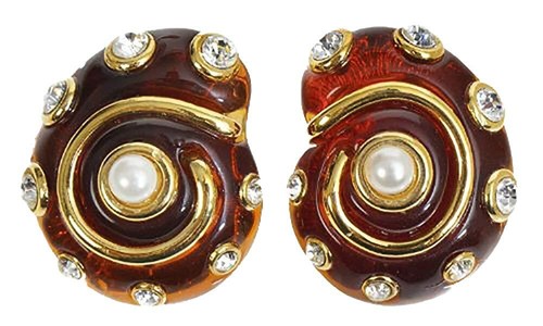 KENNETH JAY LANE, GRAY RESIN SNAIL CLIP EARRING, PEARL CENTER AND CRYSTALS AC... - Picture 6 of 8