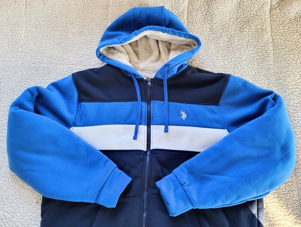 U.S. Polo Assn. Chaqueta con capucha para hombre Feel Dry aislada con cremallera azul blanco talla XL Foto 4 de 4