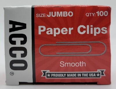ACCO Paper Clips, Jumbo, Smooth, 100 Clips/Box, 1 Box (72580). New