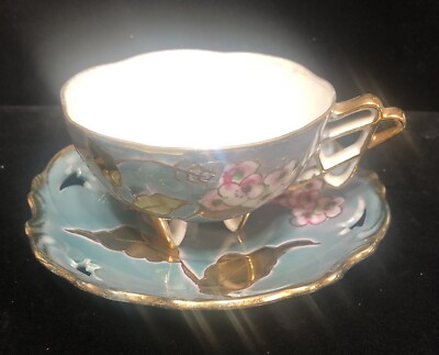 Nasco Del Coronado Cup Saucer 24Gold Gild Floral Reticulated Unique 3 Footed Vtg