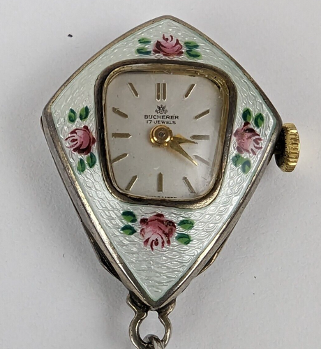 Bucherer Sterling Silver Guilloche Enamel Swiss Pendant Watch w Chain Works! - Picture 2 of 17