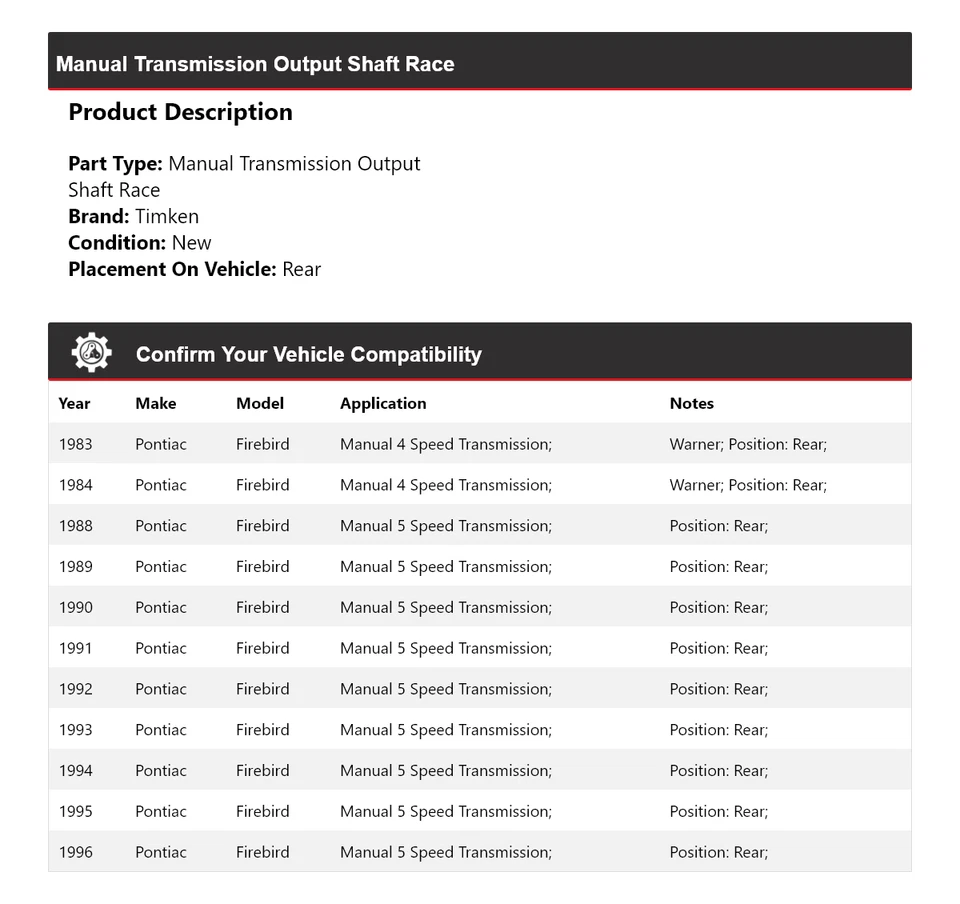 Задний гоночный вал с ручной коробкой передач для Pontiac Firebird 1983-84, 1988-96 годов выпуска Timken - Изображение 2 из 4