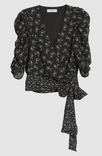 NWT $385 Bailey 44 Women Black V-Neck Ruched Wrap Puff-Sleeve Blouse Top Size S - Picture 5 of 6