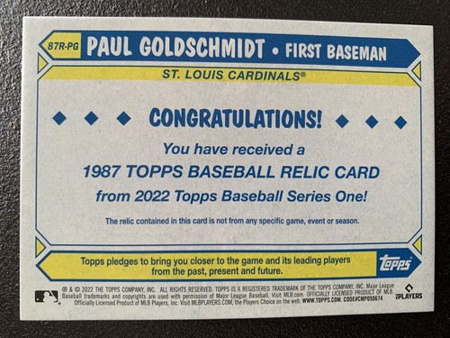 Paul Goldschmidt 2022 Topps Series 1 87R-PG 1987 Topps Game Used Relic Cardinals - Picture 5 of 5