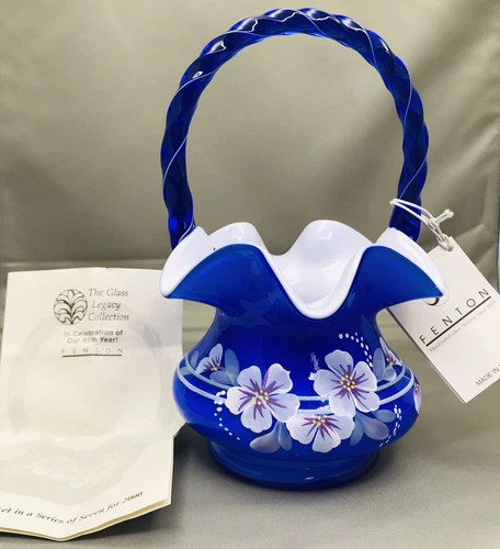 Fenton Glass 95th Anniversary Legacy Collection Cobalt Blue Floral Basket Signed