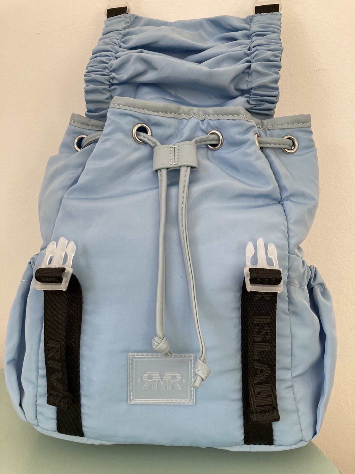 RIVER ISLAND small BLUE RI RUCHED NYLON BACKPACK with side pockets NEW ...