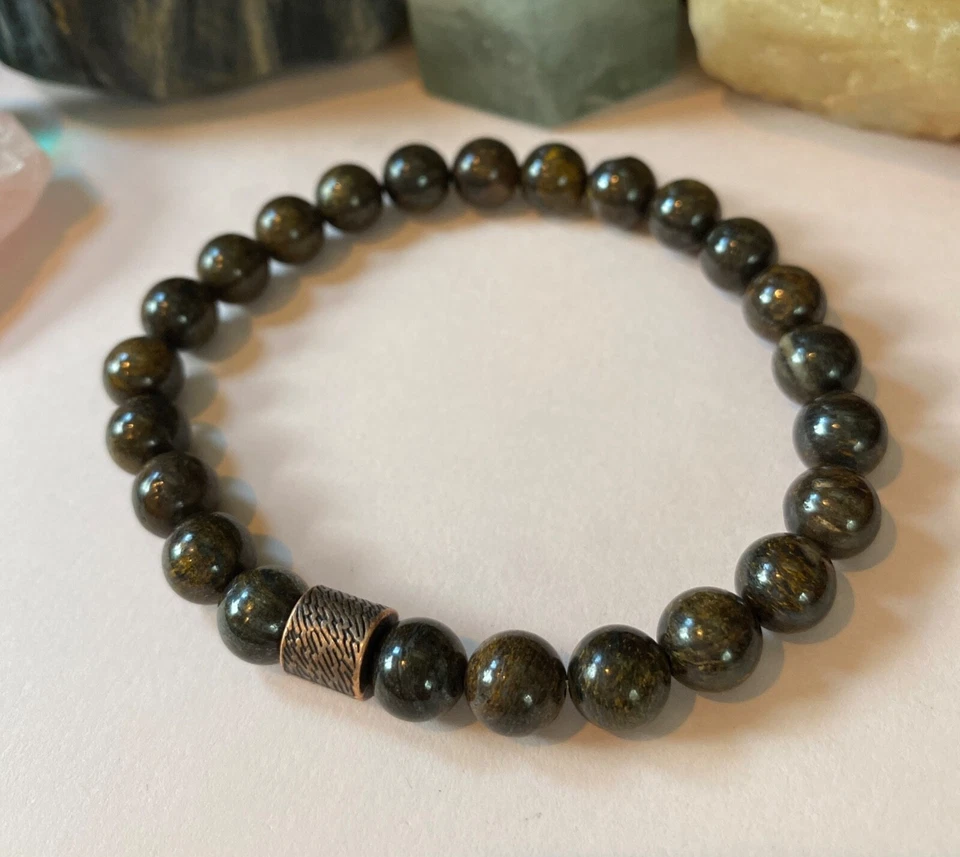 Pulsera hombre. Piedras preciosas de bronce. 8 pulgadas. Elástico. Regalo para él. Foto 3 de 4