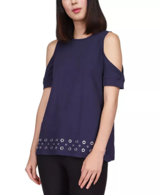 Michael Michael Kors Cotton Cold-Shoulder Embellished-Hem Top Midnight Blue S