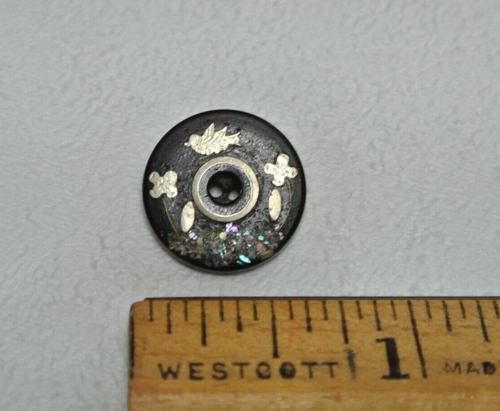 Antique Button MOP PEARL & SILVER INLAY BIRD & FLOWERS Sew Through 5/8" - Picture 3 of 3