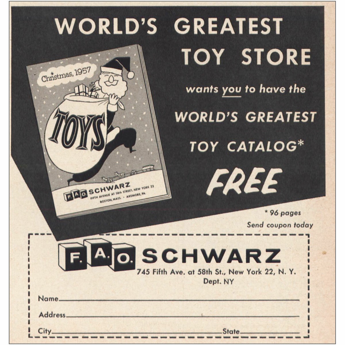 1957 FAO Schwarz: Worlds Greatest Toy Store Vintage Print Ad
