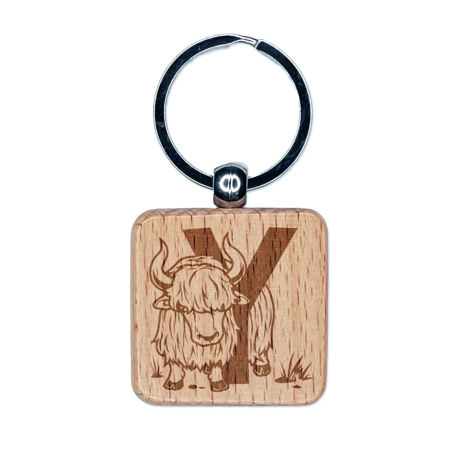 Animal Alphabet Letter Y for Yak Engraved Wood Square Keychain Tag Charm