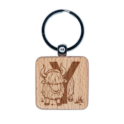 Animal Alphabet Letter Y for Yak Engraved Wood Square Keychain Tag Charm 