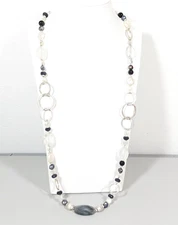 Silver Tone White Gray Pearl Black Glass Bead Round Chain Link Necklace Coastal