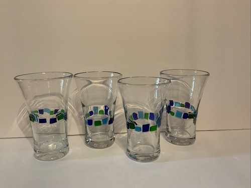 4 Hand Blown Tumbler Glasses Cobalt Blue Green Light Blue Tiles 14oz Mexico A8 - Picture 3 of 13