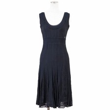 CHANEL Rayon Rib-Knit Lace Dress 05C P25219 CC Logo Sleeveless Women Size38 Navy