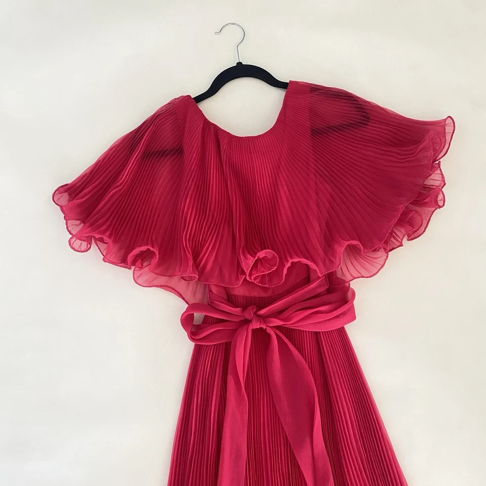 VTG Miss Elliette 70s Pleated Flutter Maxi Dress Chiffon Gown Barbie Pink Nylon - Image 2 of 4