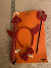 Halloween Devil Costume Kit With Horns Tail Bow Pitchfork Headband Red Sparkle