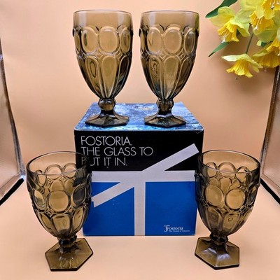 Fostoria Moonstone Smoke Brown IceTea Goblets Thumbprint Hex Base Set of 4 Boxed