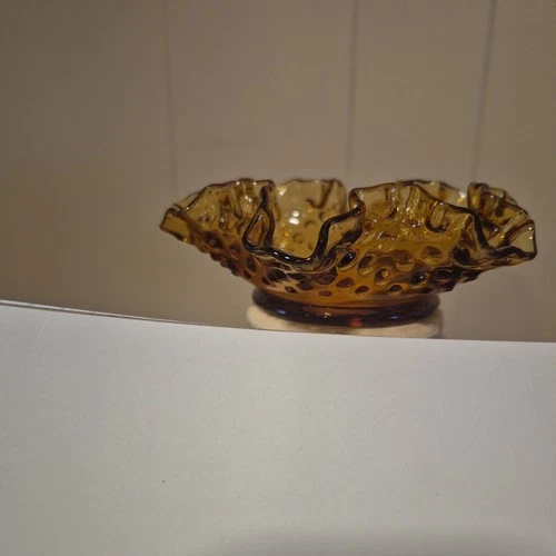 Fenton Hobnail  Amber Glass  Crimped Dish Vintage