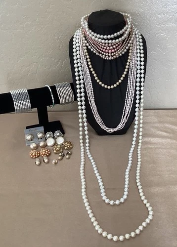 Vintage To Now Pearl Jewelry Lot Necklaces Earrings Bracelet Clip Mixed 21 PCS