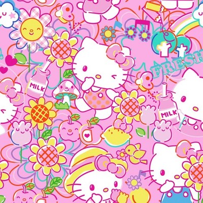 Feline Drive Fabric HELLO KITTY Garden Doodle Pink - Sold by the Yard