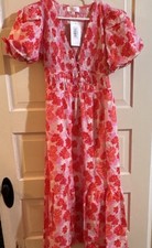 PEACH LOVE Floral V-Neck Midi Dress Size L -fits Medium NWT Avara